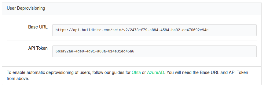 Screenshot of the Buildkite Settings SCIM Deprovisioning section