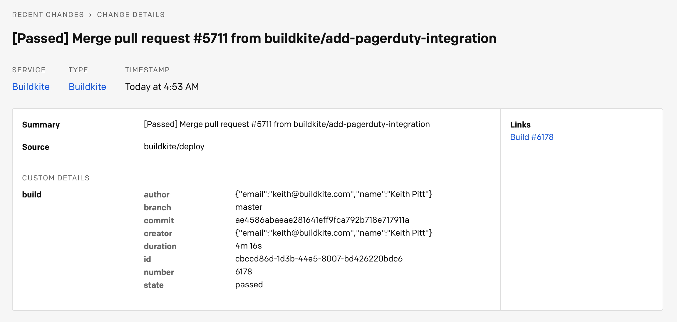 Screenshot of a Change Event inside PagerDuty sent from Buildkite