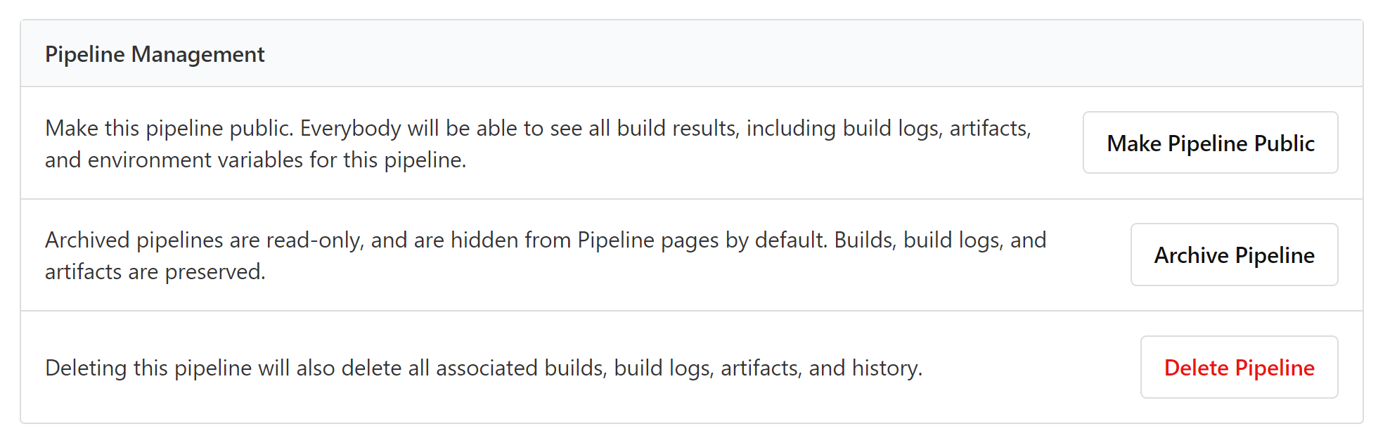 Public pipeline settings